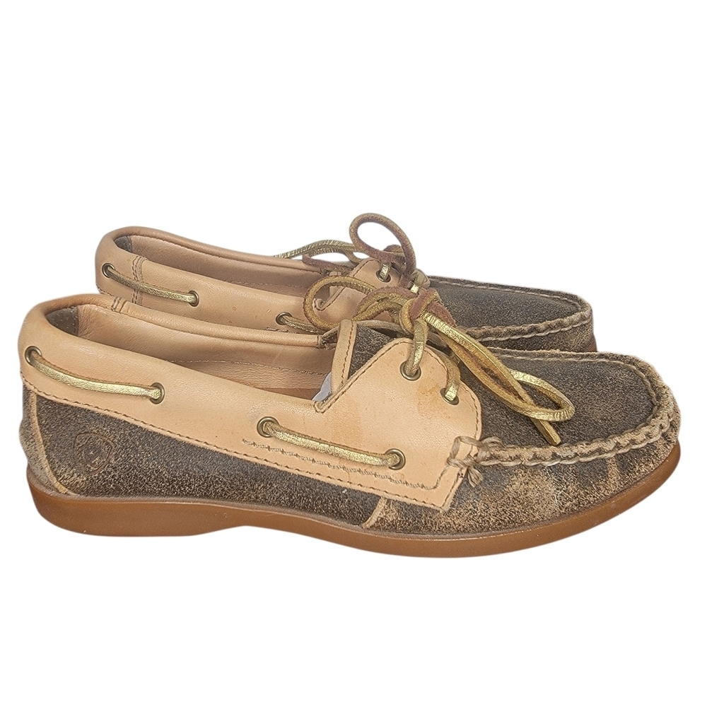 Ariat Distressed Brown and Tan Two Tone Slip On Leather Suede Boat Shoes - Picture 3 of 9
